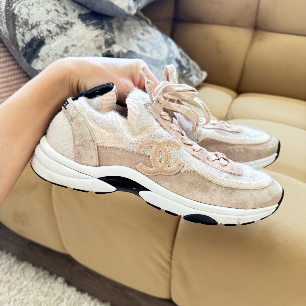 Chanel Knit Suede Calfskin Beige Sneakers